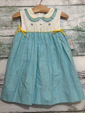 Petit Ami Turquoise Gingham Butterfly Embroidered Sundress & Bloomers 18 Months